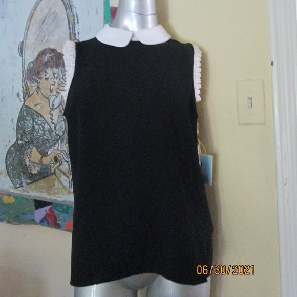 CeCe NWT Black Blouse Peter Pan Collar Ruffles M - Picture 3 of 7